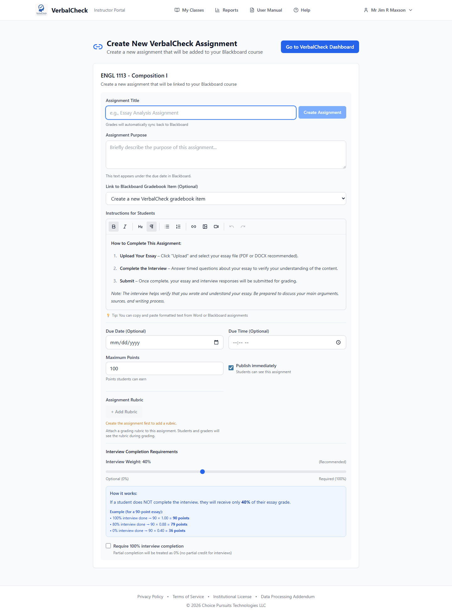 Instructor create assignment page with due date and rubric options