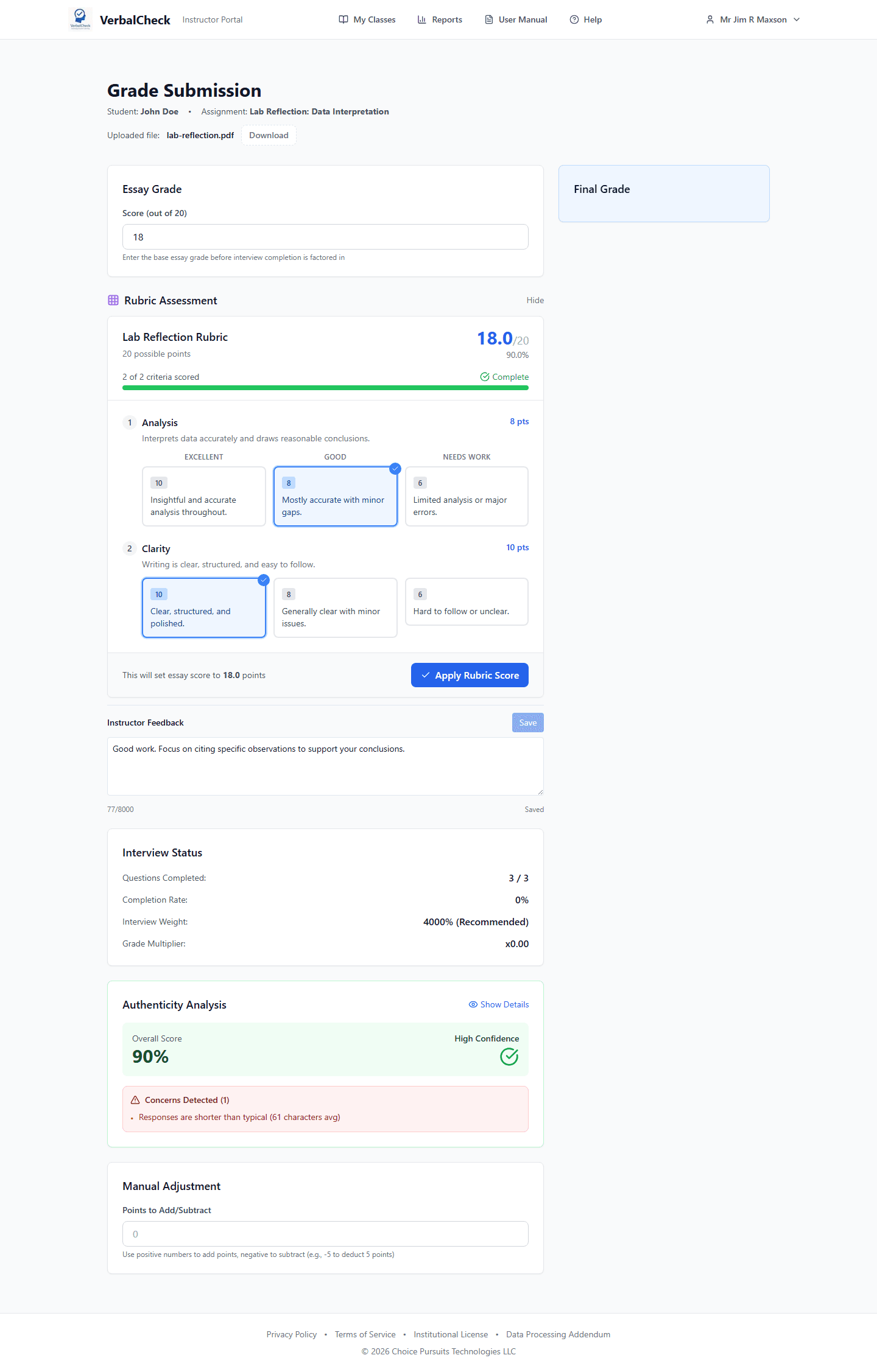 Instructor grading page