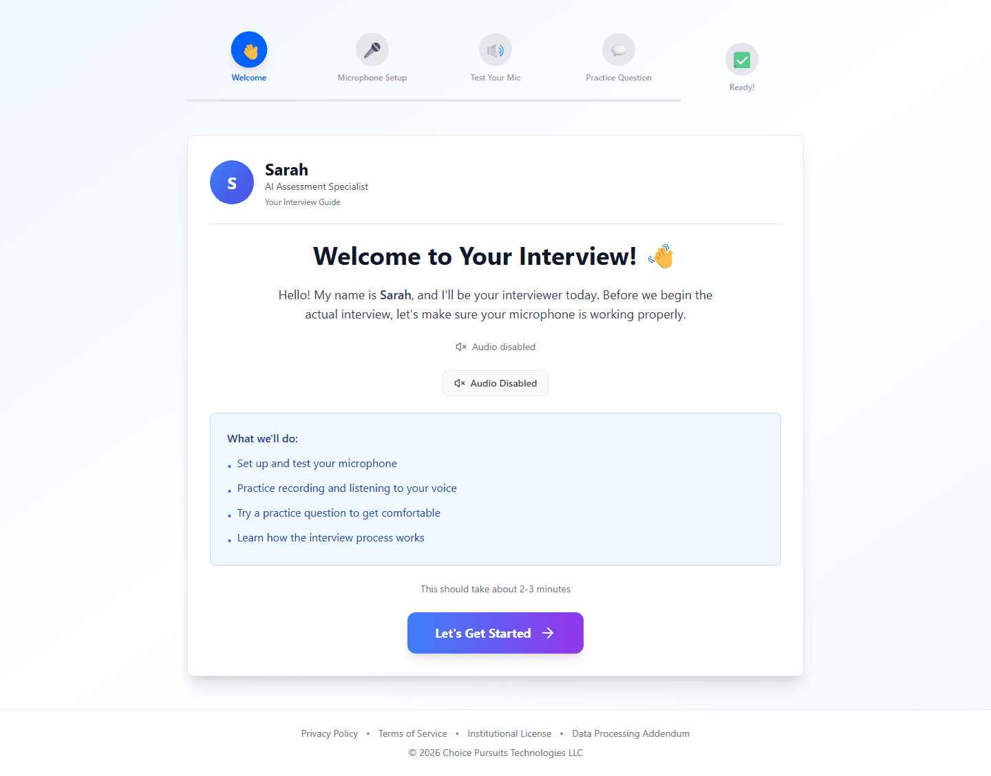 Student interview setup screen with microphone steps