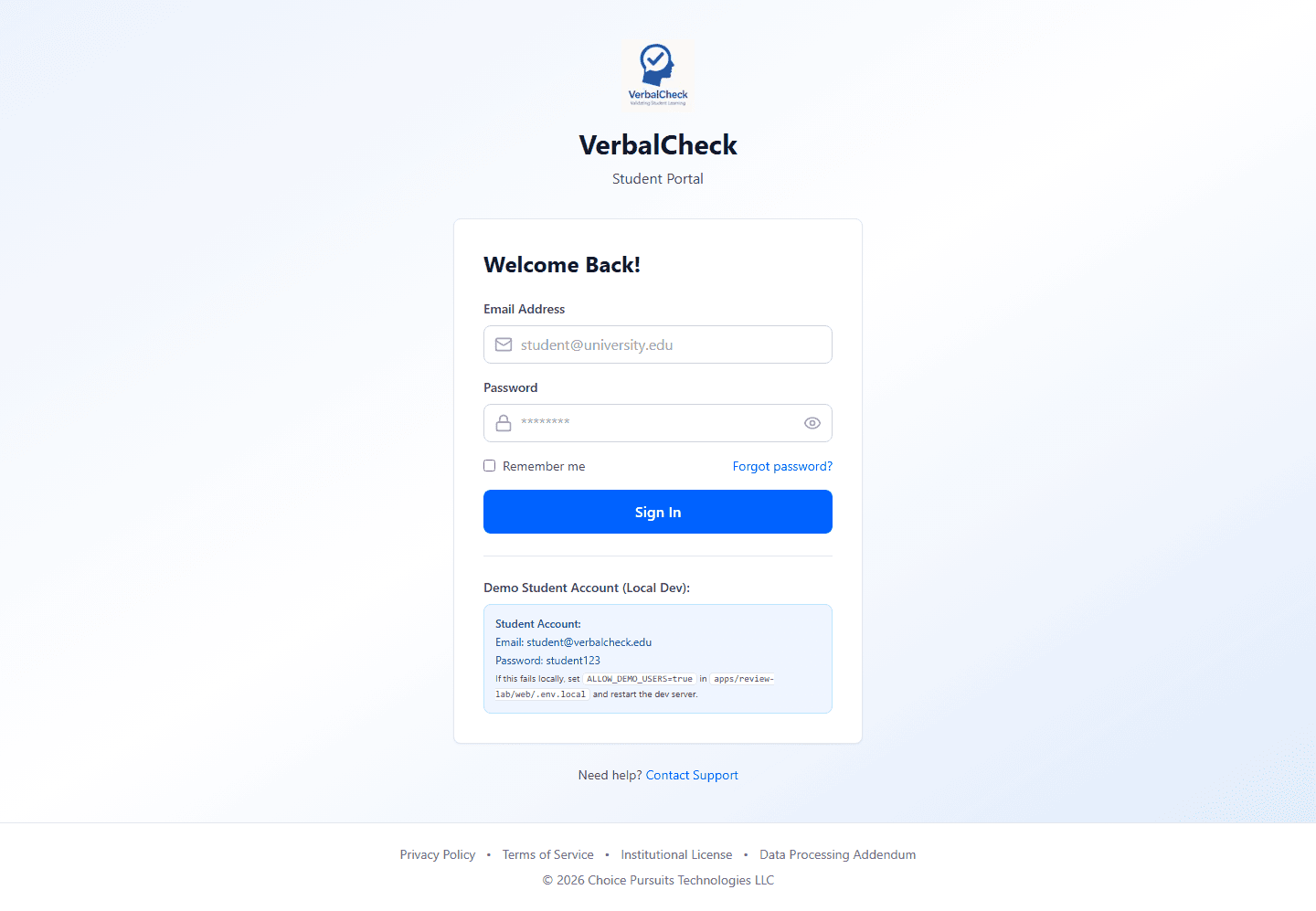 Student login page for VerbalCheck