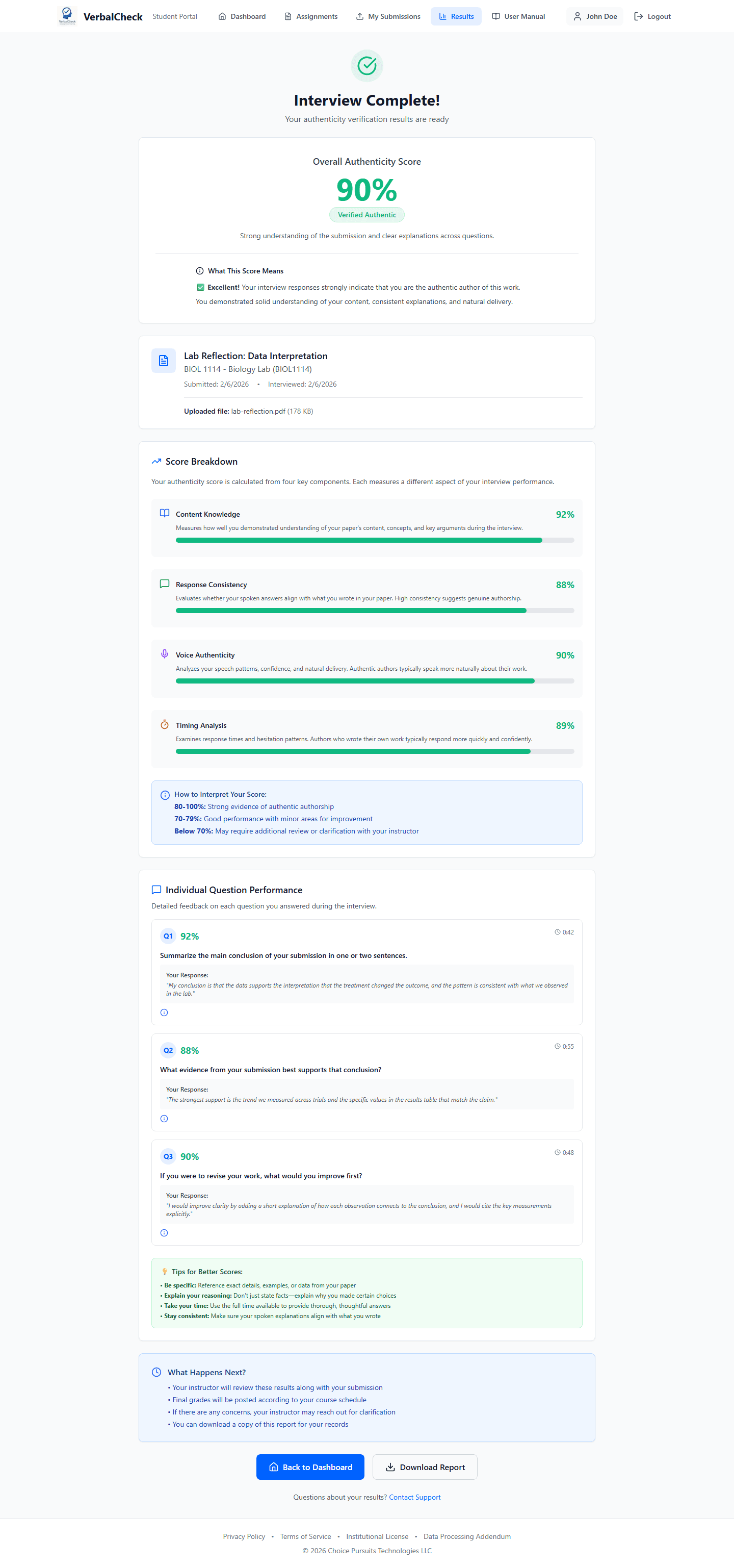 Student result view after interview completion