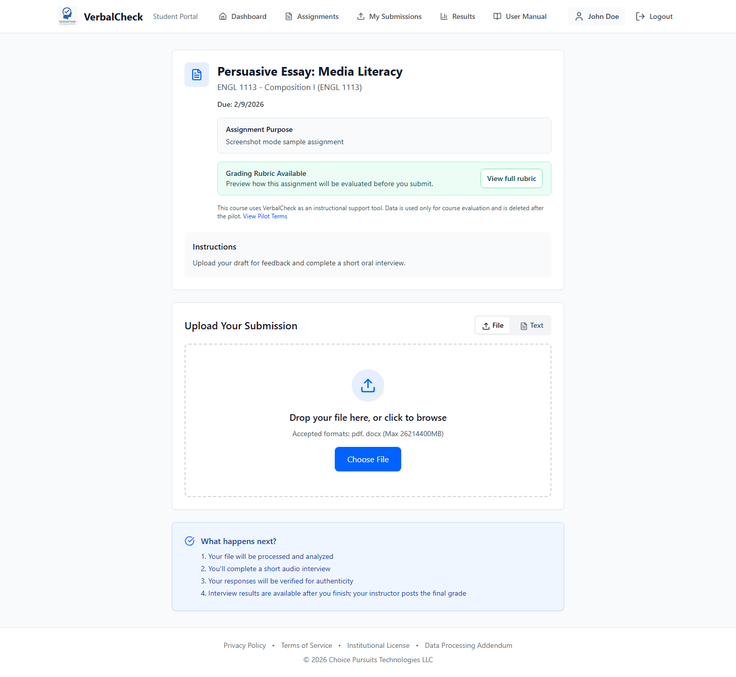 Student submission page